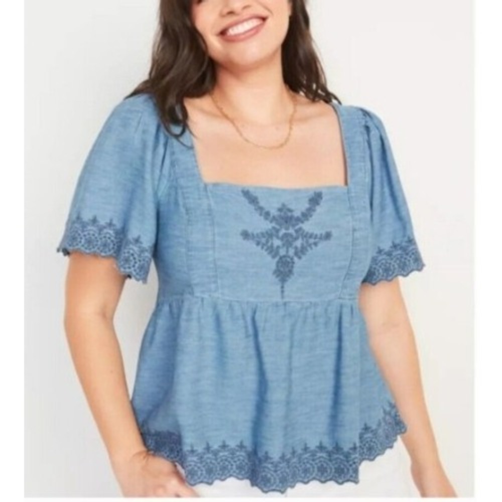Old Navy Chambray Peplum‎ Top Embroidered Tie Back Square Neck 4X NWT